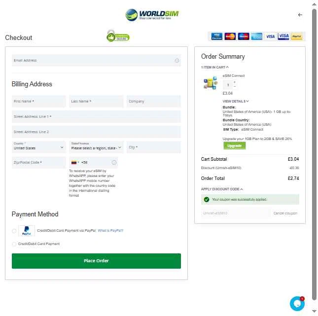 WorldSIM checkout page showing WorldSIM promo code box | Screenshot taken by SimplyCodes community member on Dec 10, 2025