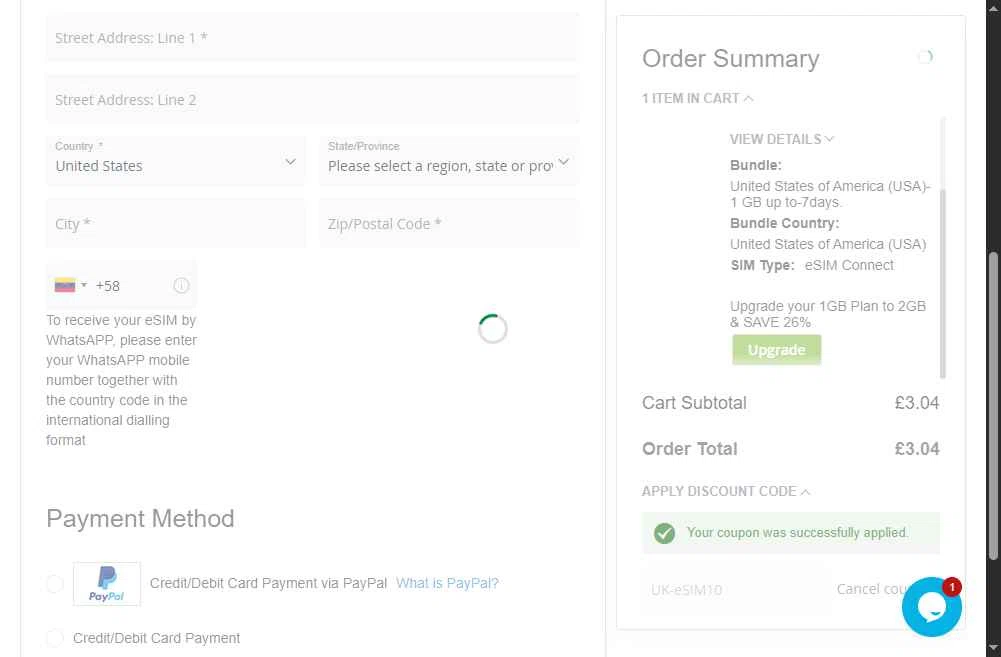 WorldSIM checkout page showing WorldSIM promo code box | Screenshot taken by SimplyCodes community member on Dec 10, 2025