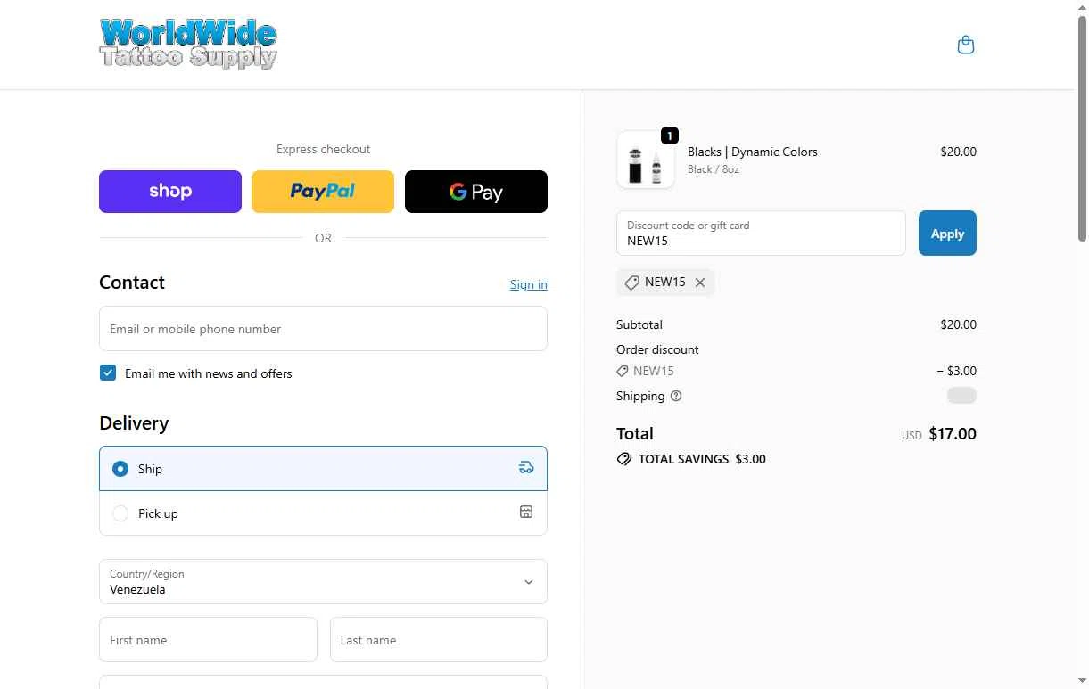 WorldWide Tattoo Supply checkout page showing WorldWide Tattoo Supply promo code box | Screenshot taken by SimplyCodes community member on Dec 27, 2025
