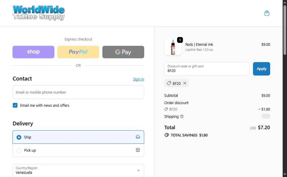 WorldWide Tattoo Supply checkout page showing WorldWide Tattoo Supply promo code box | Screenshot taken by SimplyCodes community member on Nov 27, 2025