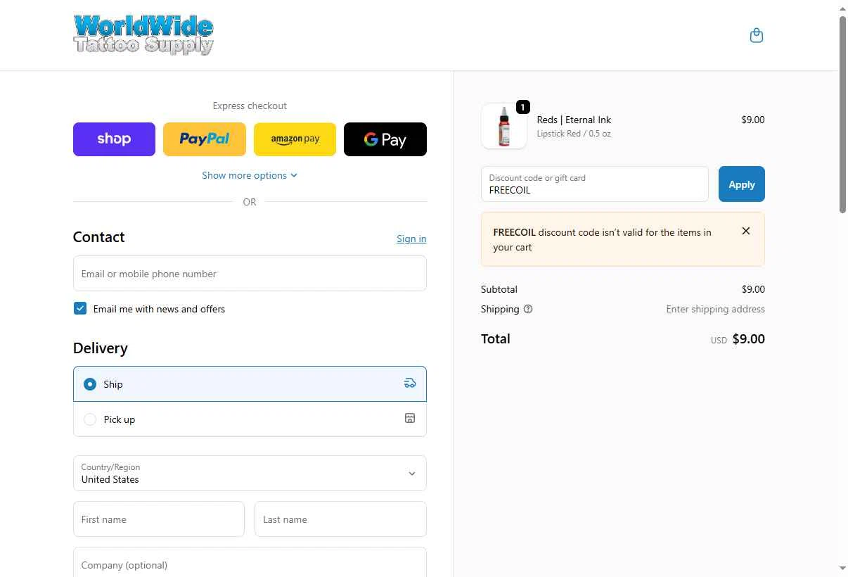 WorldWide Tattoo Supply checkout page showing WorldWide Tattoo Supply promo code box | Screenshot taken by SimplyCodes community member on Oct 25, 2025