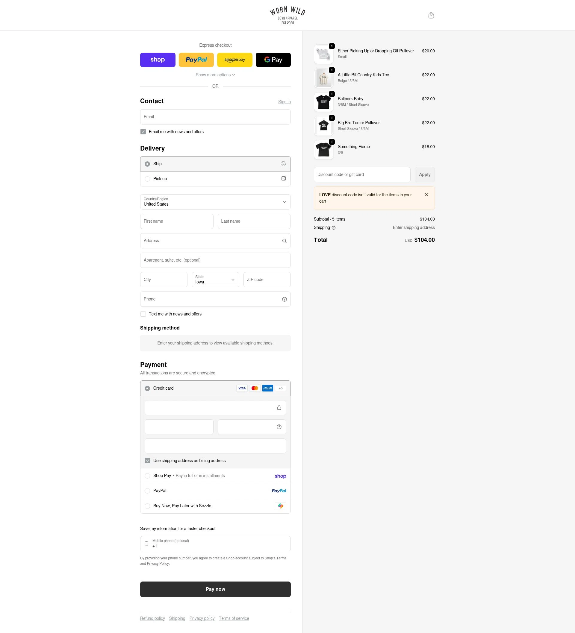 Worn Wild checkout page showing Worn Wild discount code box | Screenshot taken by SimplyCodes community member on Feb 17, 2026