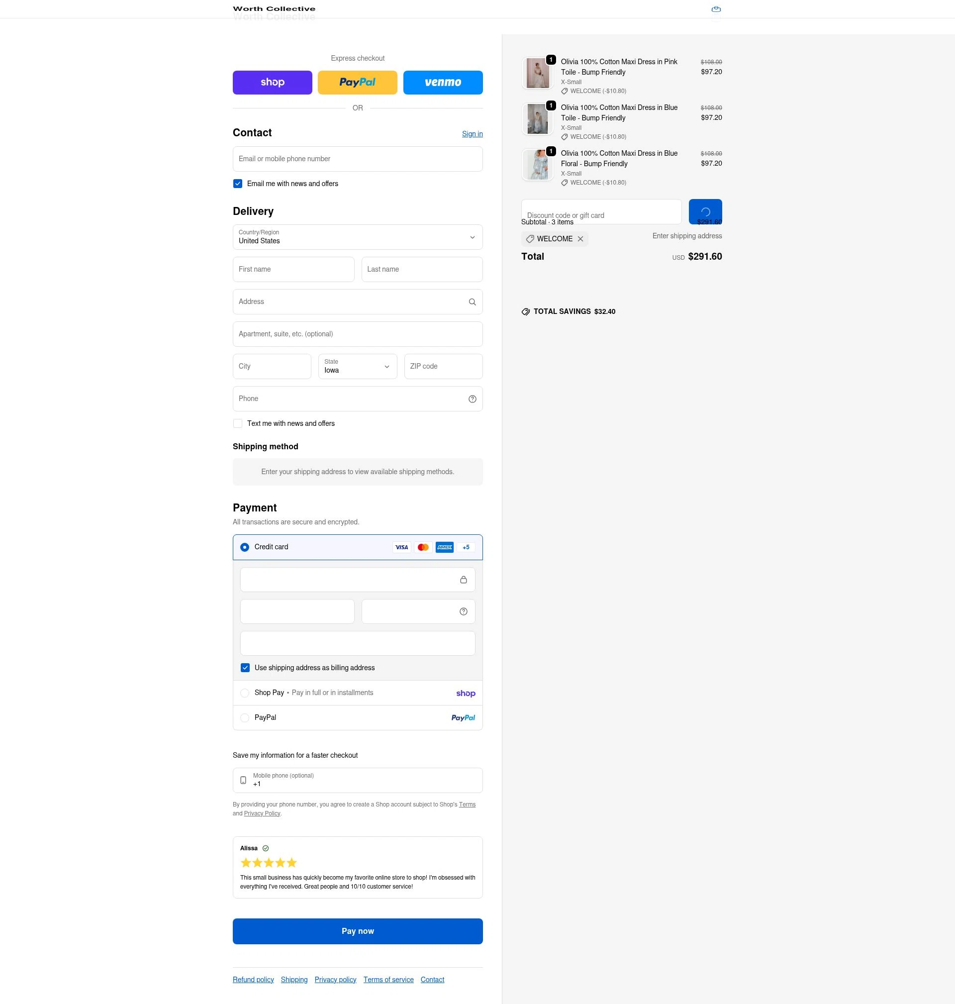 Worth Collective checkout page showing Worth Collective discount code box | Screenshot taken by SimplyCodes community member on Feb 9, 2026