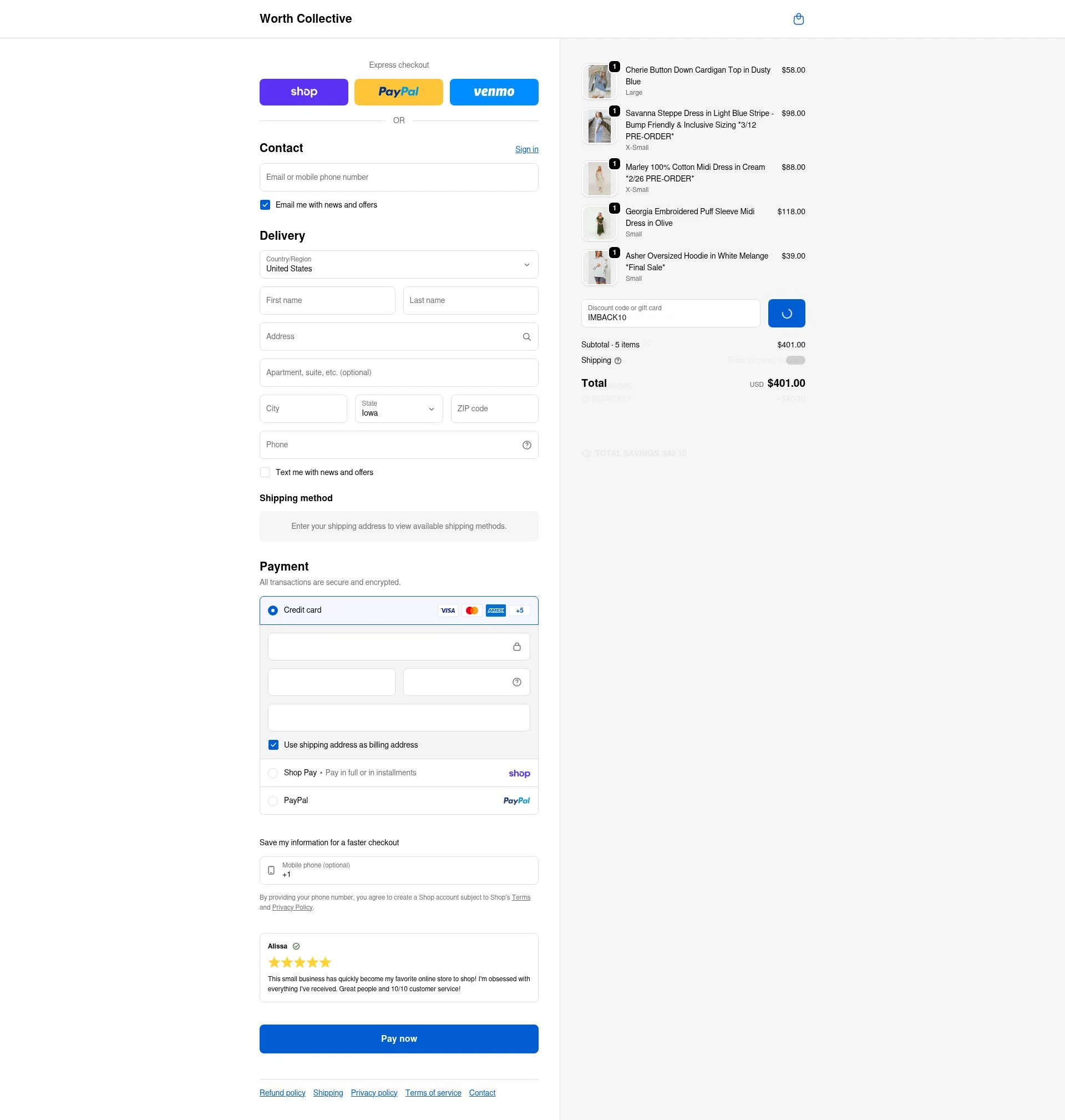 Worth Collective checkout page showing Worth Collective discount code box | Screenshot taken by SimplyCodes community member on Feb 14, 2026