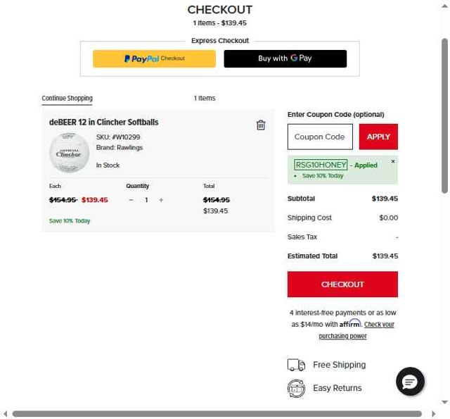 Worth Sports - Rawlings checkout page showing Worth Sports - Rawlings promo code box | Screenshot taken by SimplyCodes community member on Jul 4, 2025