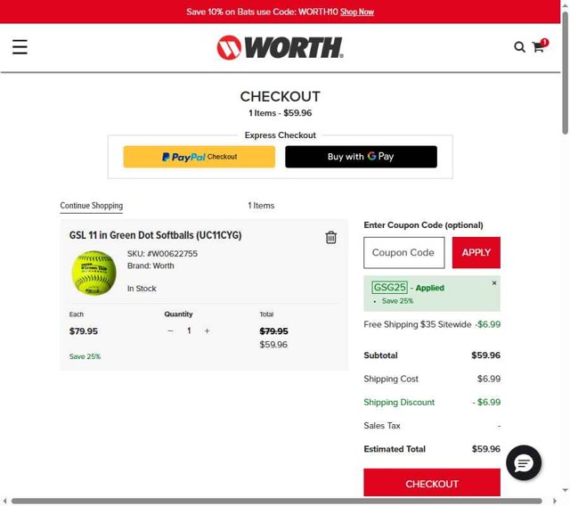 Worth Sports - Rawlings checkout page showing Worth Sports - Rawlings promo code box | Screenshot taken by SimplyCodes community member on Jul 28, 2025