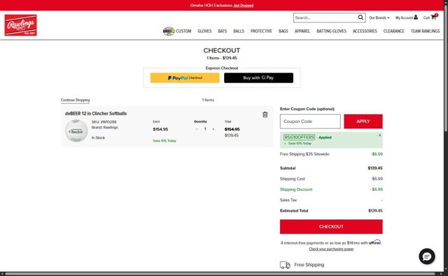 Worth Sports - Rawlings checkout page showing Worth Sports - Rawlings promo code box | Screenshot taken by SimplyCodes community member on Jun 20, 2025