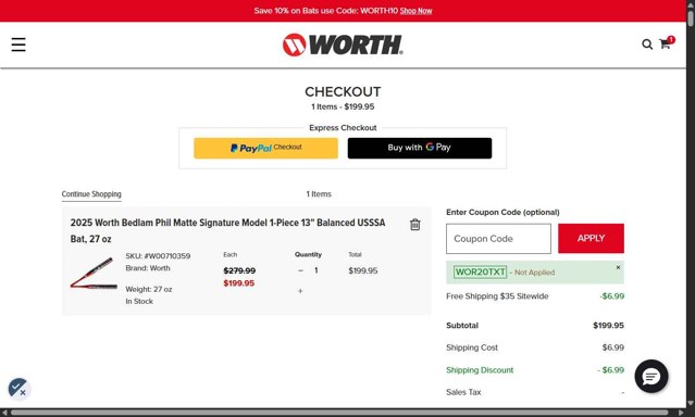 Worth Sports - Rawlings checkout page showing Worth Sports - Rawlings promo code box | Screenshot taken by SimplyCodes community member on Jul 29, 2025