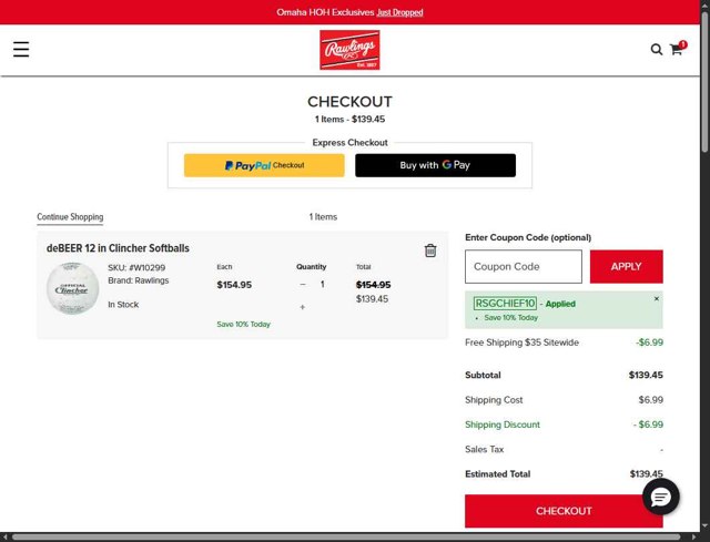 Worth Sports - Rawlings checkout page showing Worth Sports - Rawlings promo code box | Screenshot taken by SimplyCodes community member on Jun 23, 2025