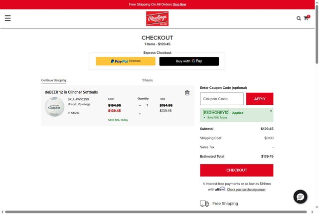 Worth Sports - Rawlings checkout page showing Worth Sports - Rawlings promo code box | Screenshot taken by SimplyCodes community member on Jul 4, 2025