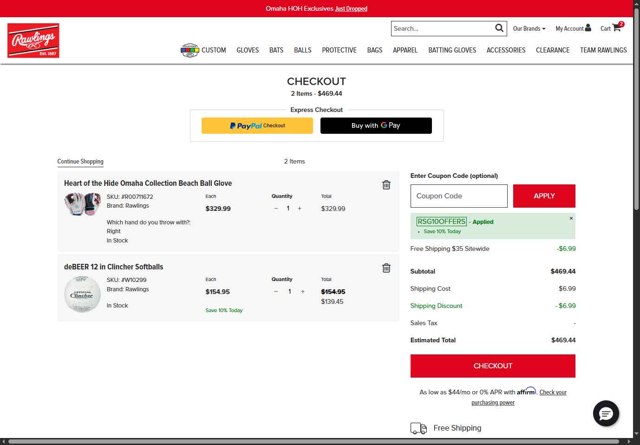 Worth Sports - Rawlings checkout page showing Worth Sports - Rawlings promo code box | Screenshot taken by SimplyCodes community member on Jun 20, 2025
