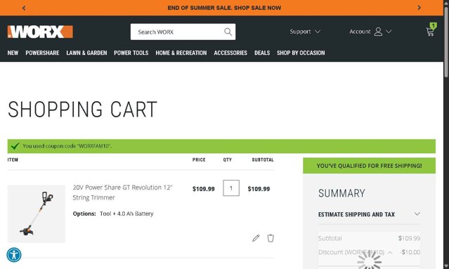 Worx checkout page showing Worx discount code box | Screenshot taken by SimplyCodes community member on Aug 26, 2025