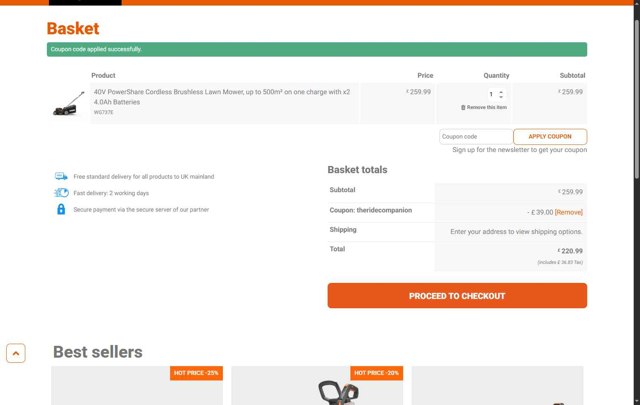 Worx checkout page showing Worx discount code box | Screenshot taken by SimplyCodes community member on Sep 6, 2025