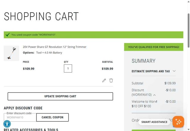Worx checkout page showing Worx discount code box | Screenshot taken by SimplyCodes community member on Sep 6, 2025