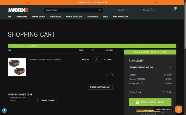 Worx checkout page showing Worx discount code box | Screenshot taken by SimplyCodes community member on Aug 29, 2025