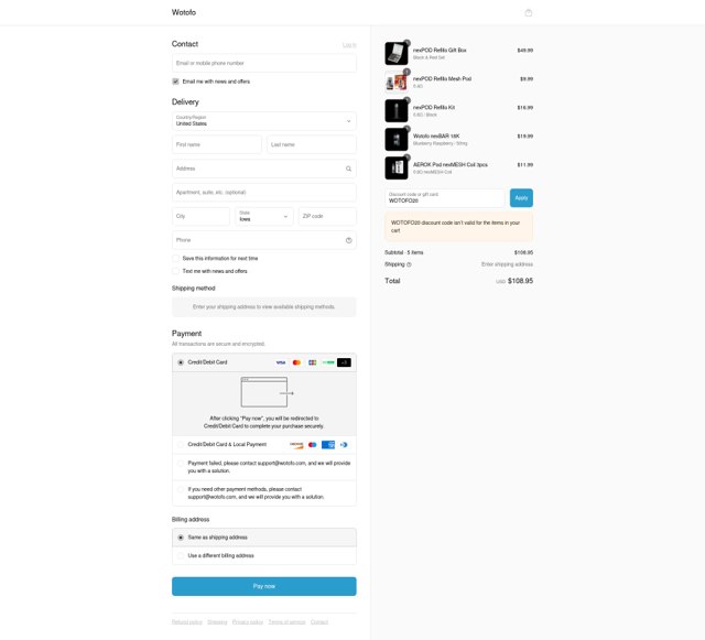Wotofo checkout page showing Wotofo discount code box | Screenshot taken by SimplyCodes community member on Sep 7, 2025