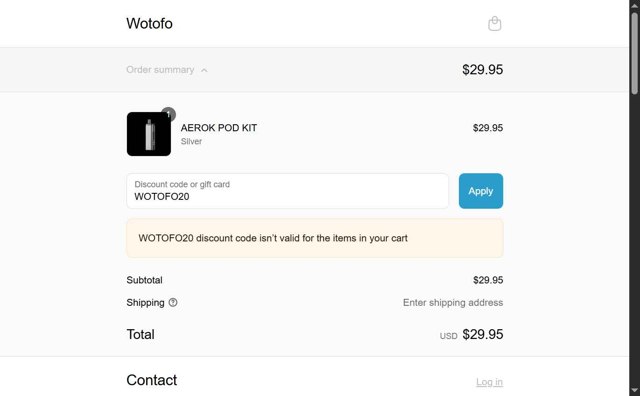 Wotofo checkout page showing Wotofo discount code box | Screenshot taken by SimplyCodes community member on Sep 4, 2025