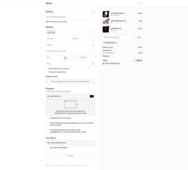 Wotofo checkout page showing Wotofo discount code box | Screenshot taken by SimplyCodes community member on Aug 25, 2025