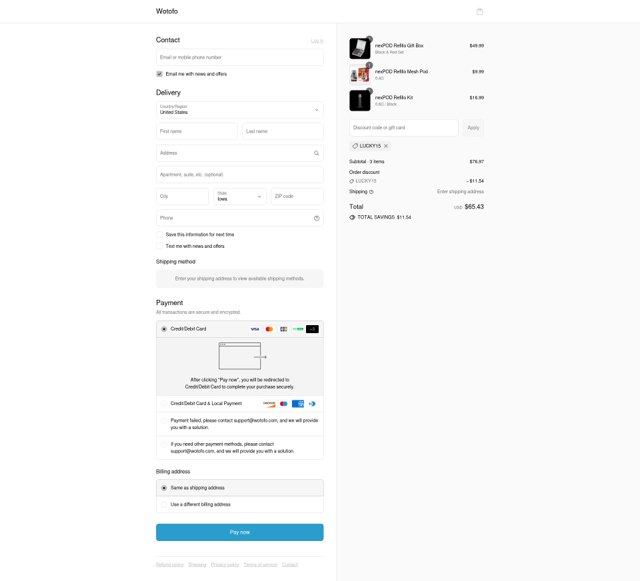 Wotofo checkout page showing Wotofo discount code box | Screenshot taken by SimplyCodes community member on Aug 25, 2025