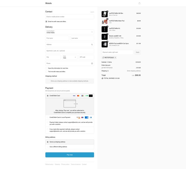 Wotofo checkout page showing Wotofo discount code box | Screenshot taken by SimplyCodes community member on Sep 2, 2025