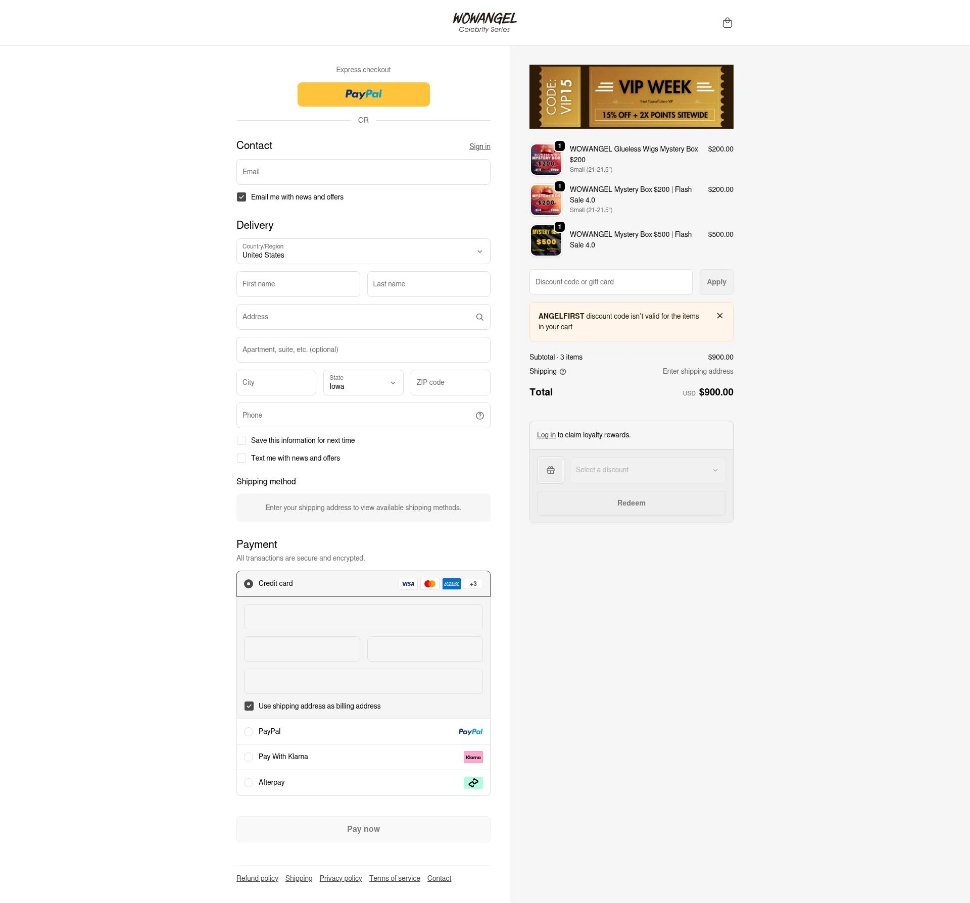 Wowangel checkout page showing Wowangel promo code box | Screenshot taken by SimplyCodes community member on Feb 18, 2026