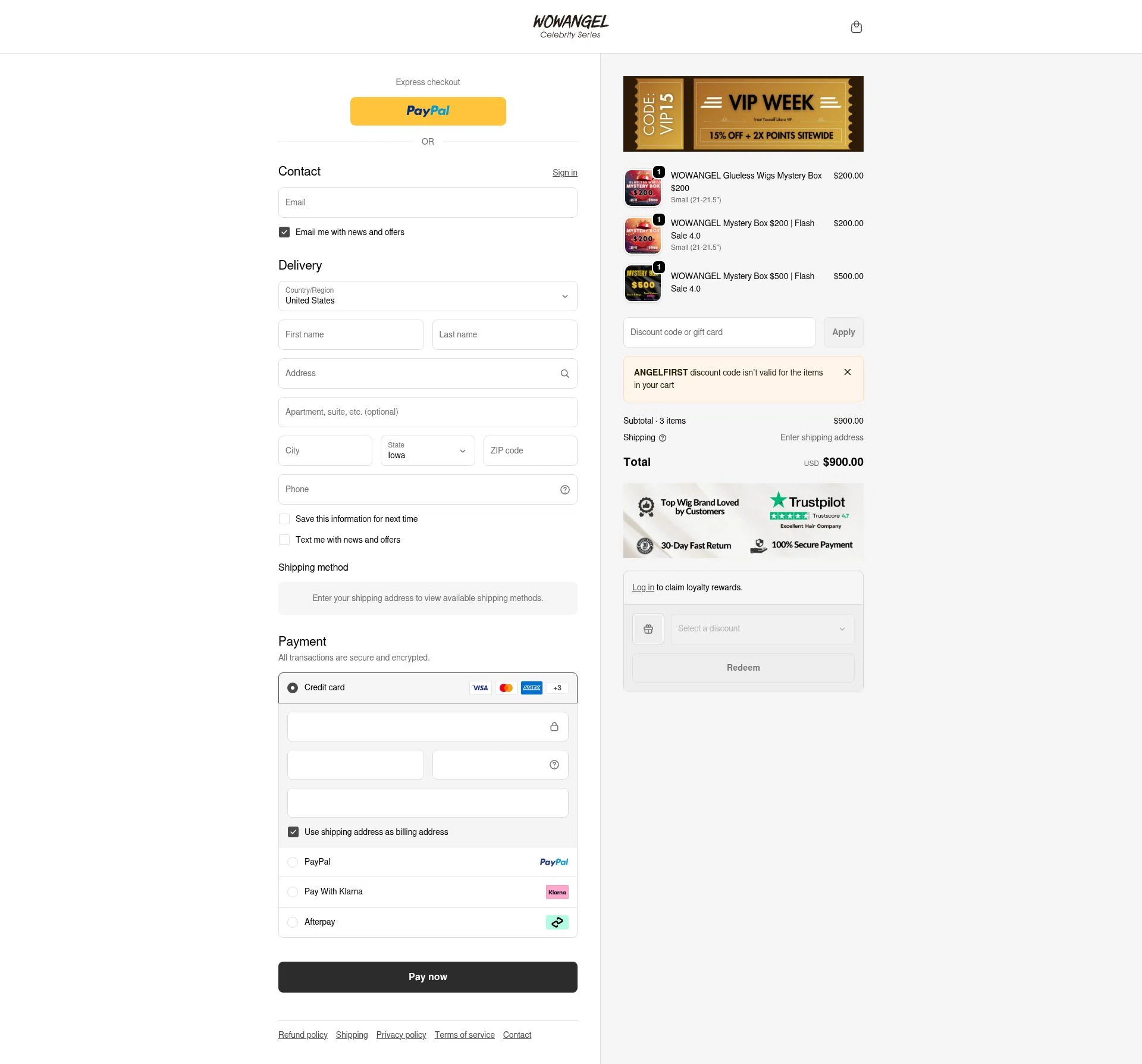 Wowangel checkout page showing Wowangel promo code box | Screenshot taken by SimplyCodes community member on Feb 18, 2026