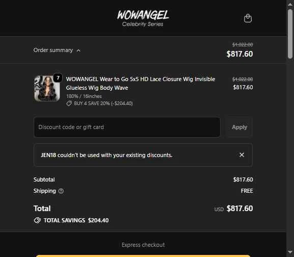 Wowangel checkout page showing Wowangel promo code box | Screenshot taken by SimplyCodes community member on Feb 17, 2026