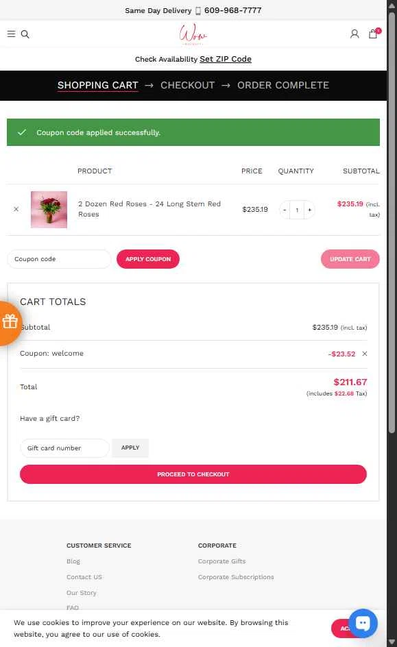Wow Bouquet checkout page showing Wow Bouquet coupon code box | Screenshot taken by SimplyCodes community member on Nov 12, 2025