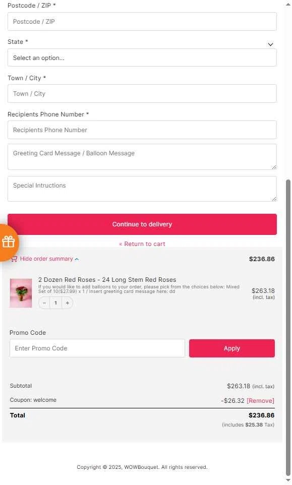 Wow Bouquet checkout page showing Wow Bouquet coupon code box | Screenshot taken by SimplyCodes community member on Sep 15, 2025