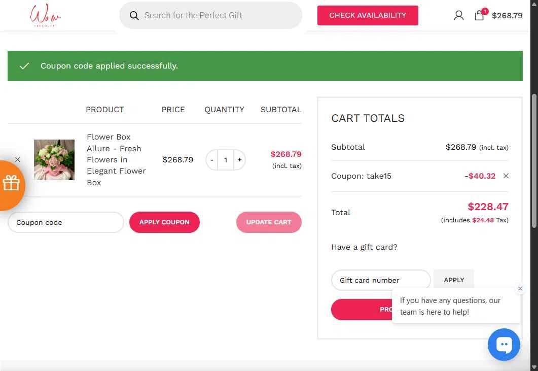 Wow Bouquet checkout page showing Wow Bouquet coupon code box | Screenshot taken by SimplyCodes community member on Sep 4, 2025