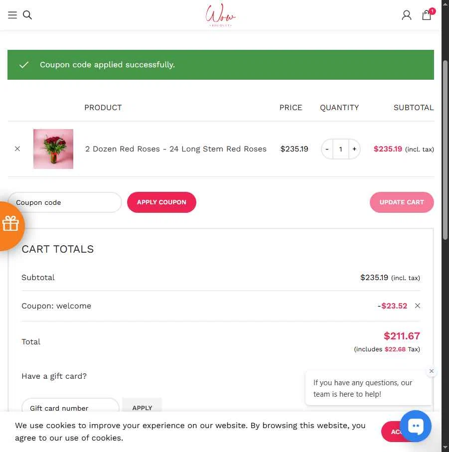 Wow Bouquet checkout page showing Wow Bouquet coupon code box | Screenshot taken by SimplyCodes community member on Sep 15, 2025