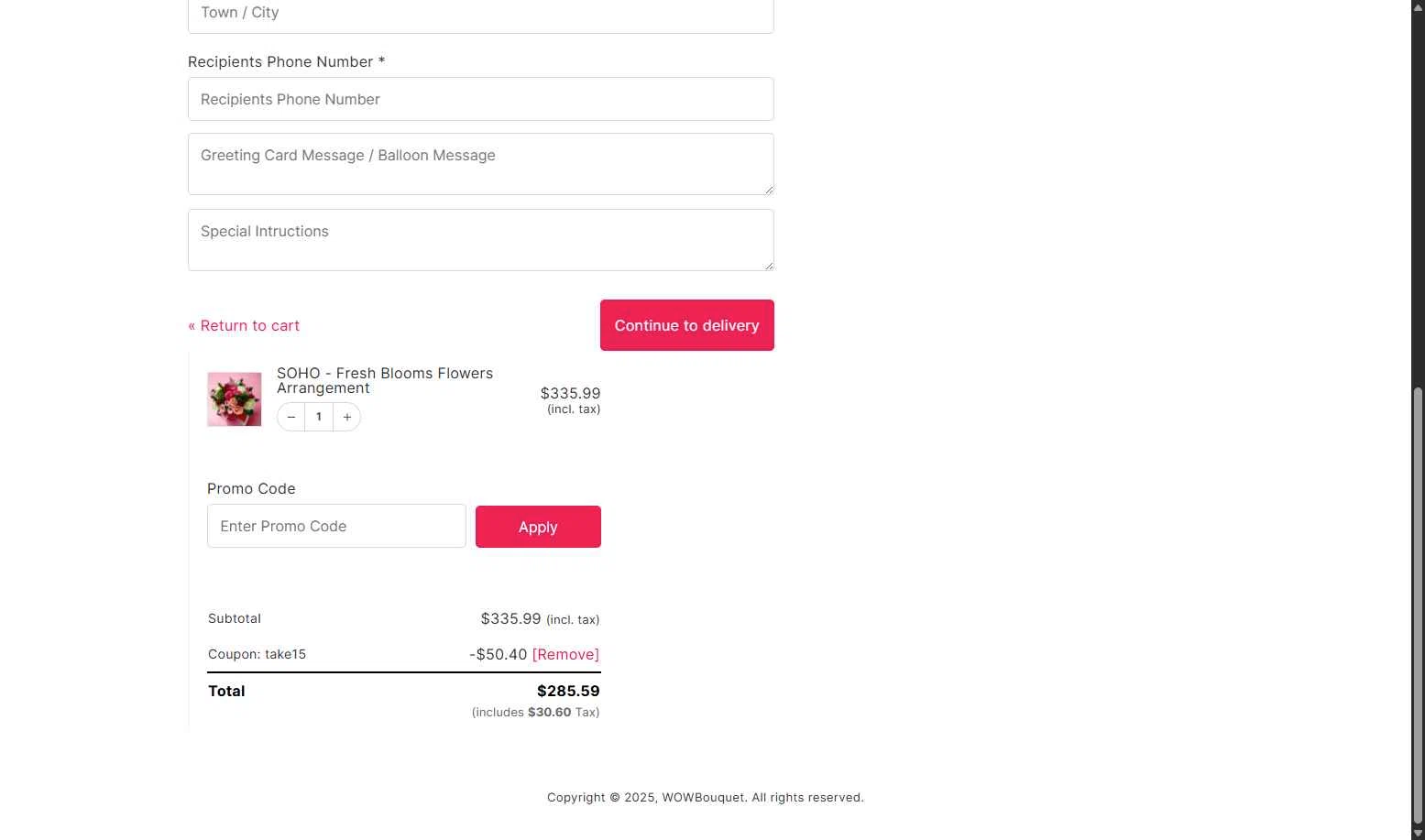 Wow Bouquet checkout page showing Wow Bouquet coupon code box | Screenshot taken by SimplyCodes community member on Oct 3, 2025