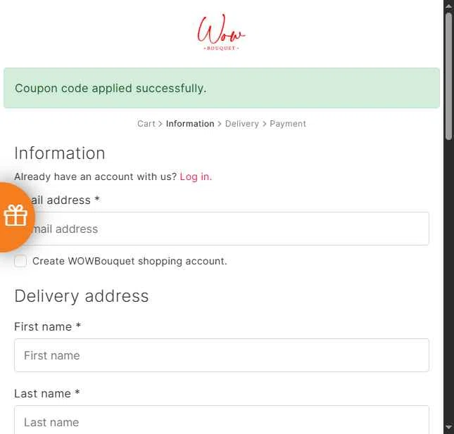 Wow Bouquet checkout page showing Wow Bouquet coupon code box | Screenshot taken by SimplyCodes community member on Sep 15, 2025