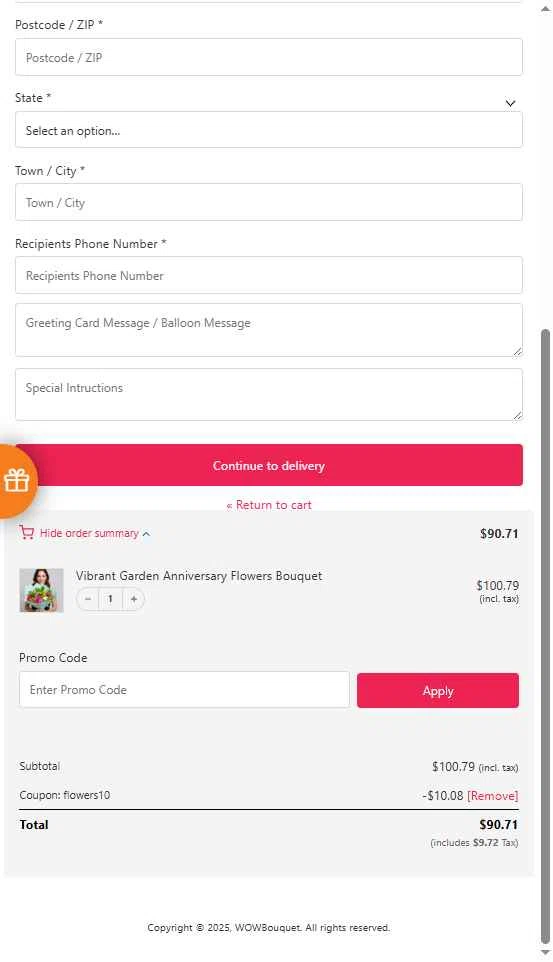 Wow Bouquet checkout page showing Wow Bouquet coupon code box | Screenshot taken by SimplyCodes community member on Oct 14, 2025