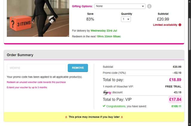 Wowcher checkout page showing Wowcher promo code box | Screenshot taken by SimplyCodes community member on Jul 19, 2025