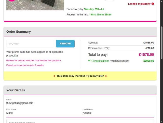 Wowcher checkout page showing Wowcher promo code box | Screenshot taken by SimplyCodes community member on Jul 19, 2025