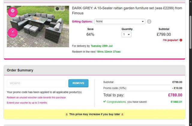 Wowcher checkout page showing Wowcher promo code box | Screenshot taken by SimplyCodes community member on Jul 19, 2025