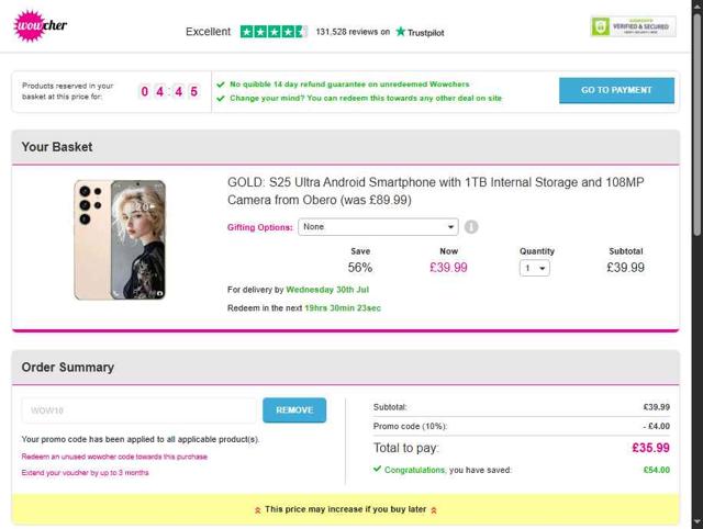 Wowcher checkout page showing Wowcher promo code box | Screenshot taken by SimplyCodes community member on Jul 19, 2025