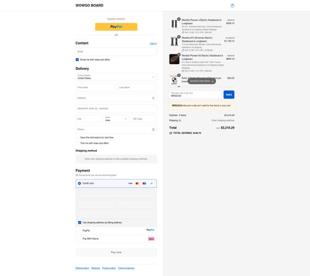 WowGo Board checkout page showing WowGo Board discount code box | Screenshot taken by SimplyCodes community member on Sep 15, 2025
