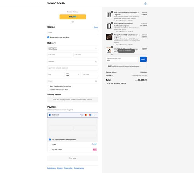 WowGo Board checkout page showing WowGo Board discount code box | Screenshot taken by SimplyCodes community member on Sep 15, 2025