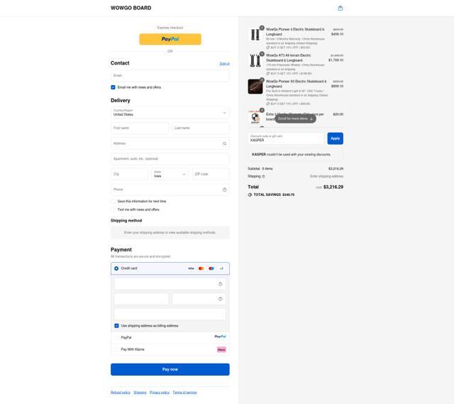 WowGo Board checkout page showing WowGo Board discount code box | Screenshot taken by SimplyCodes community member on Sep 15, 2025