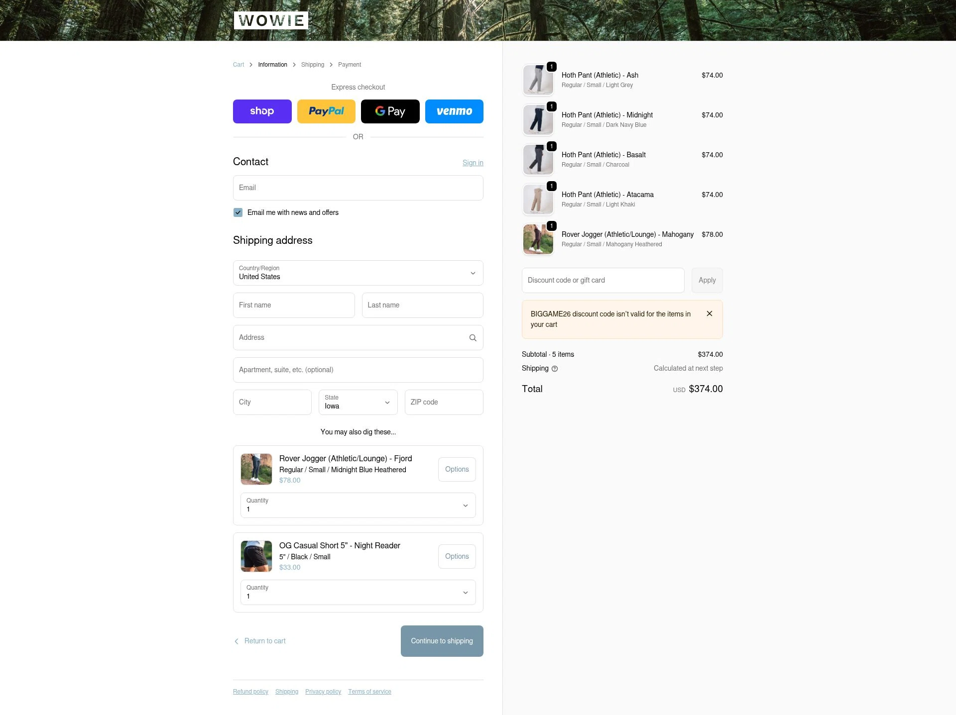 Wowie checkout page showing Wowie discount code box | Screenshot taken by SimplyCodes community member on Feb 9, 2026