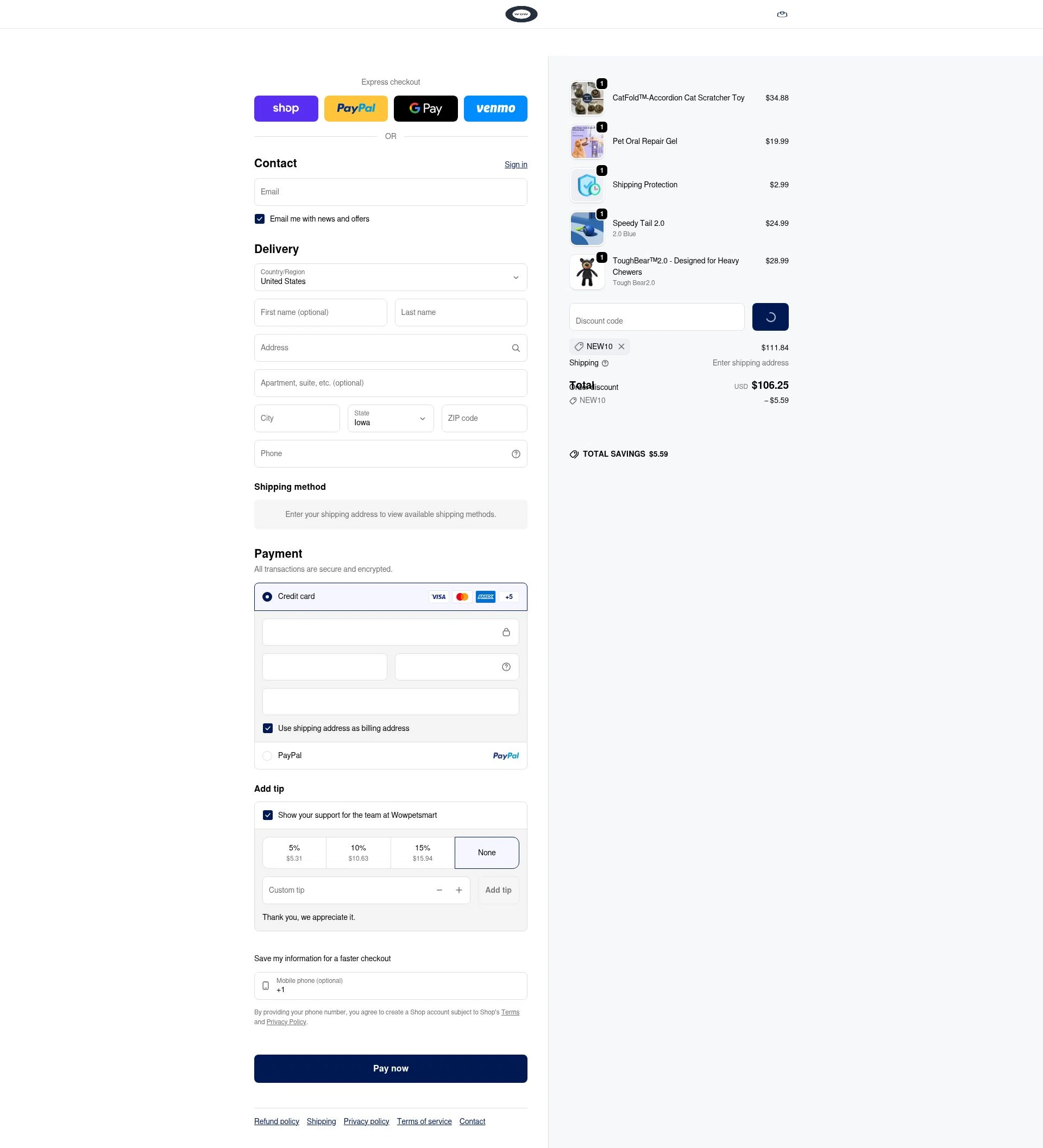 Wowpetsmart checkout page showing Wowpetsmart discount code box | Screenshot taken by SimplyCodes community member on Feb 3, 2026