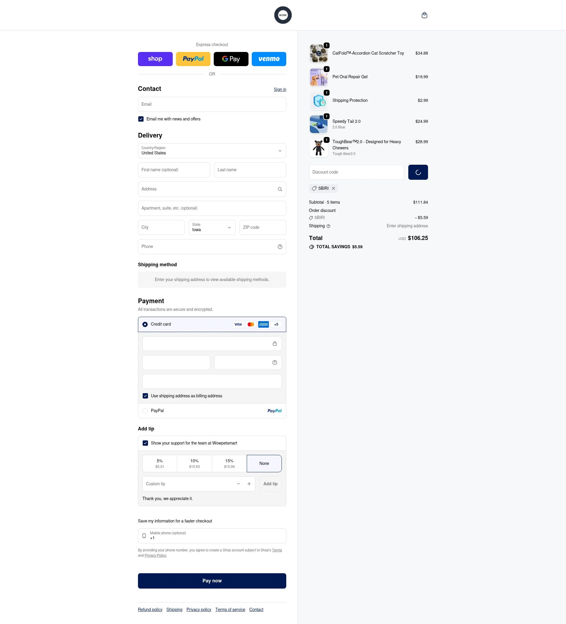 Wowpetsmart checkout page showing Wowpetsmart discount code box | Screenshot taken by SimplyCodes community member on Feb 3, 2026