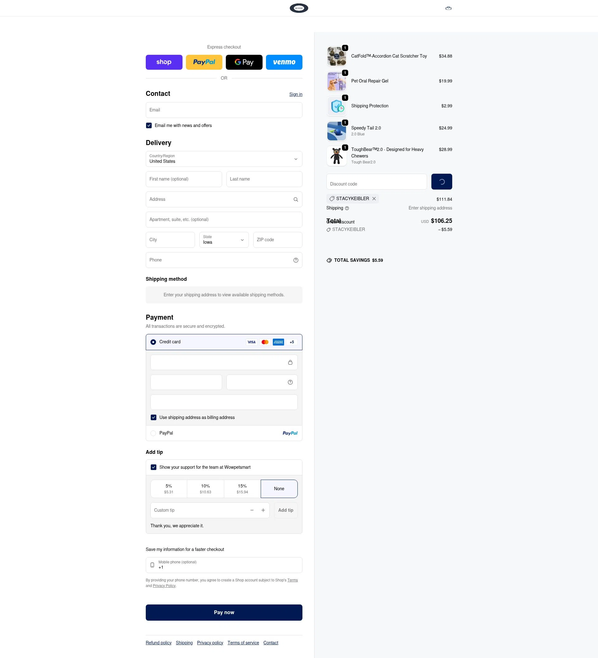 Wowpetsmart checkout page showing Wowpetsmart discount code box | Screenshot taken by SimplyCodes community member on Feb 3, 2026