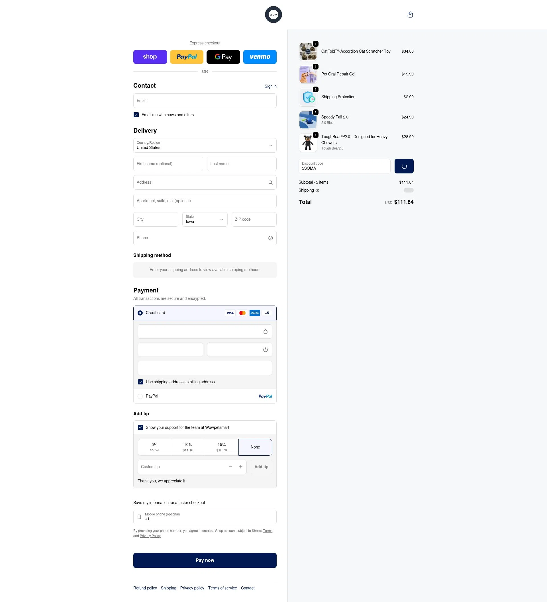 Wowpetsmart checkout page showing Wowpetsmart discount code box | Screenshot taken by SimplyCodes community member on Feb 3, 2026