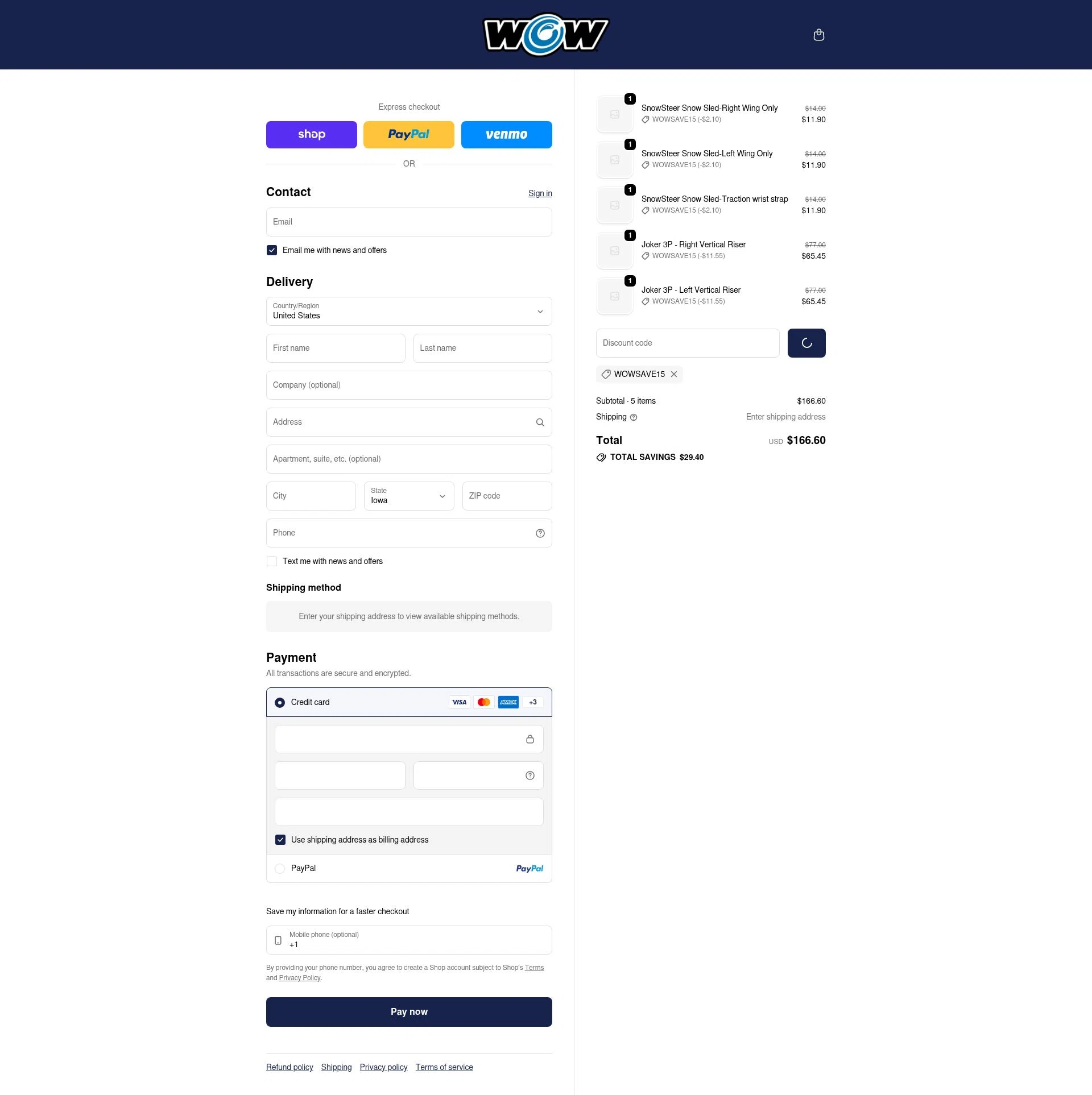 WOW Sports checkout page showing WOW Sports discount code box | Screenshot taken by SimplyCodes community member on Jan 15, 2026