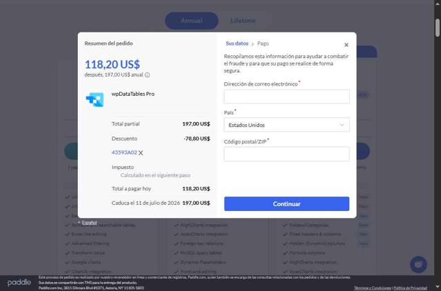 wpDataTables checkout page showing wpDataTables promo code box | Screenshot taken by SimplyCodes community member on Jul 11, 2025