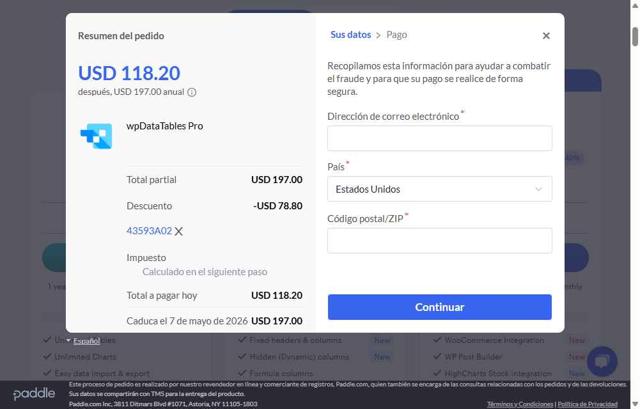 wpDataTables checkout page showing wpDataTables promo code box | Screenshot taken by SimplyCodes community member on May 7, 2025