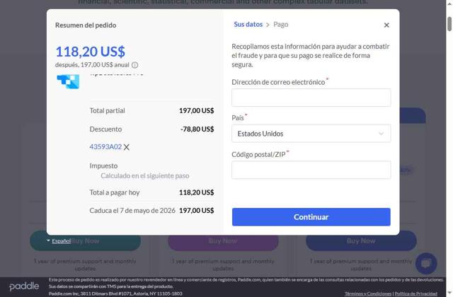 wpDataTables checkout page showing wpDataTables promo code box | Screenshot taken by SimplyCodes community member on May 7, 2025